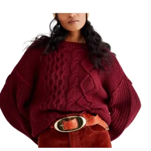 Free People Dream Cable Knit Crewneck Sweater Cabernet Burgundy Red Size XS - Picture 1 of 9
